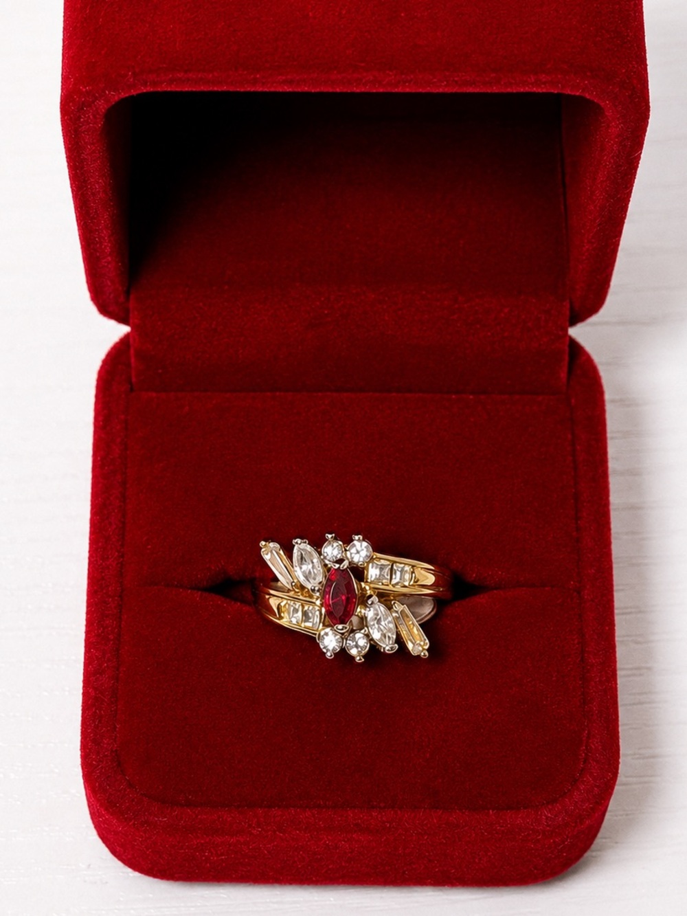 Vintage Deadstock Gold Tone Ruby Red & Clear Crystal Cocktail Ring Size 4.5